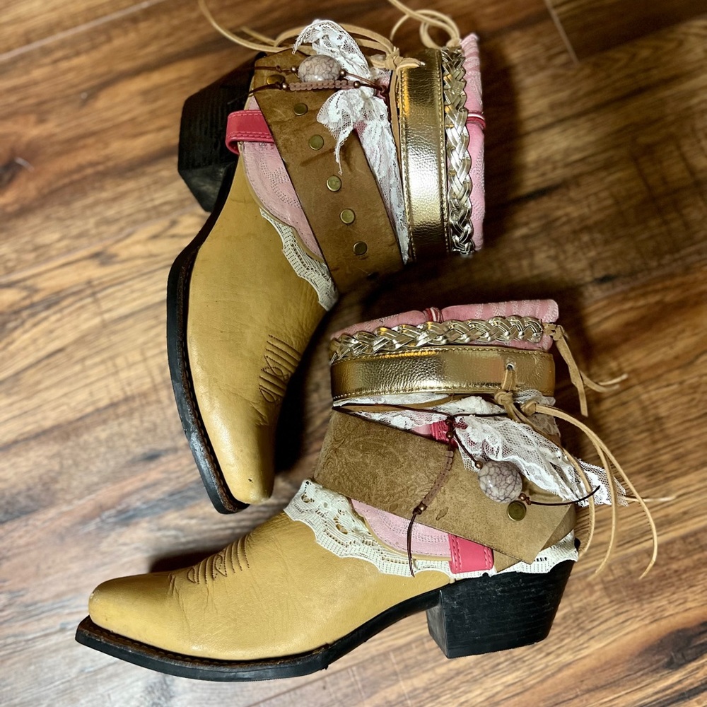 Size 7.5 Cream, Pink, Lace Ankle Bootie Cowboy Square toe boots cowgirl boots